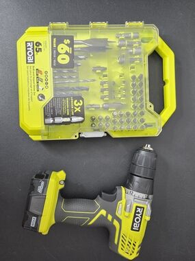 Ryobi 12V Cordless Drill with 63-Piece Bit Set - Neon Yellow/Black